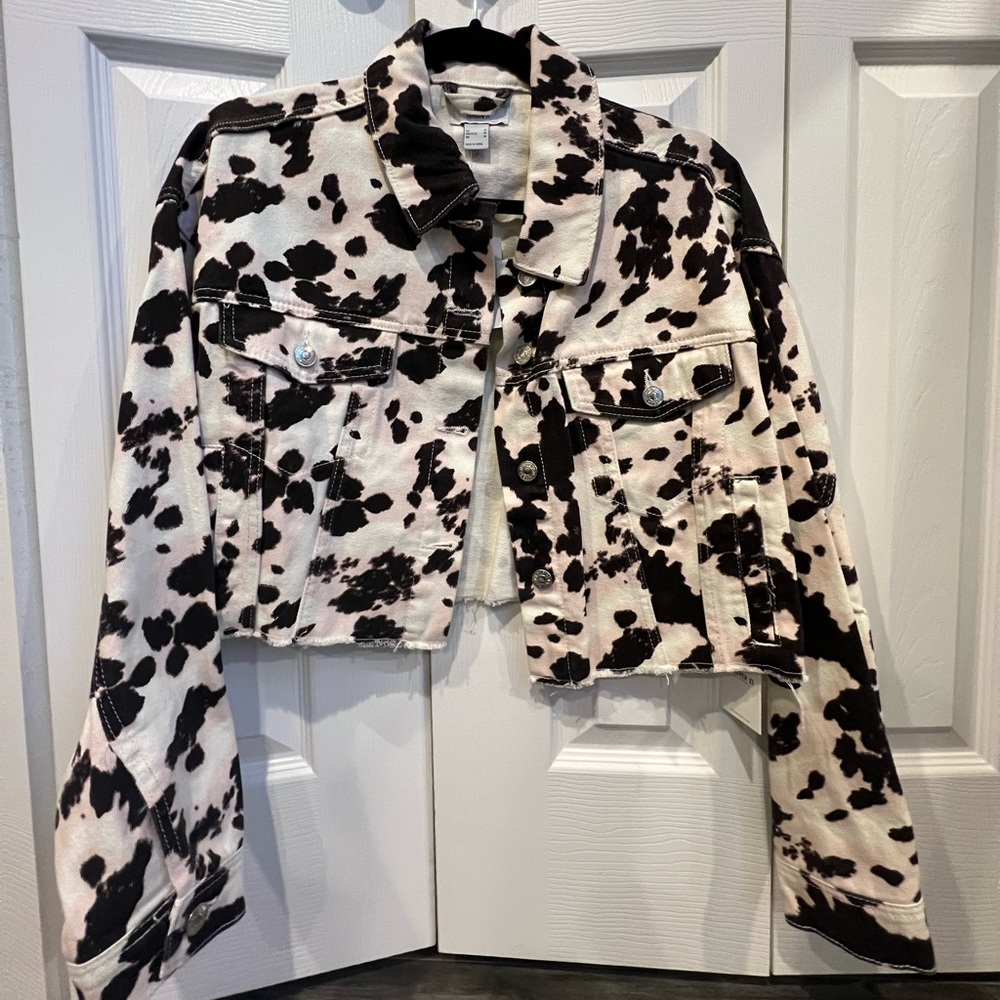 Forever 21 pink and brown cow print denim/jean jacket - never worn